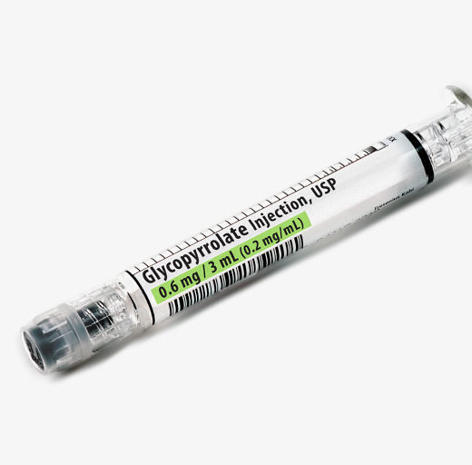 Angled syringe of Glycopyrrolate Injection, 0.6 mg / 3 mL