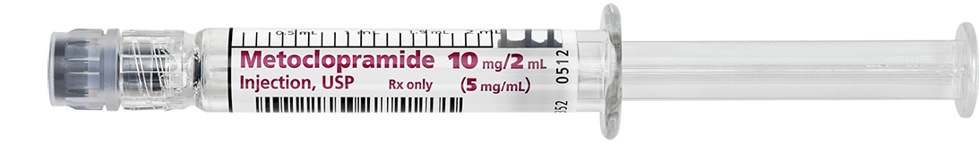 Horizontal Syringe image for 10 mg per 2 mL of Metoclopramide